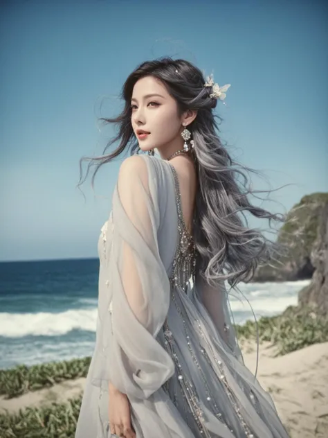 analog film photo ethereal fantasy concept art of masterpiece,ultra realistic,32k,extremely detailed CG unity 8k wallpaper, best quality,(spring day ),an asain girl in a hanfu,necklace ,eardrop, ( fluorescent Wear a tailored jumpsuit with statement earrings and heels. ) , grey hair hair Beachy waves ,Moonlight . magnificent, celestial, ethereal, painterly, epic, majestic, magical, fantasy art, cover art, dreamy . faded film, desaturated, 35mm photo, grainy, vignette, vintage, Kodachrome, Lomography, stained, highly detailed, found footage
