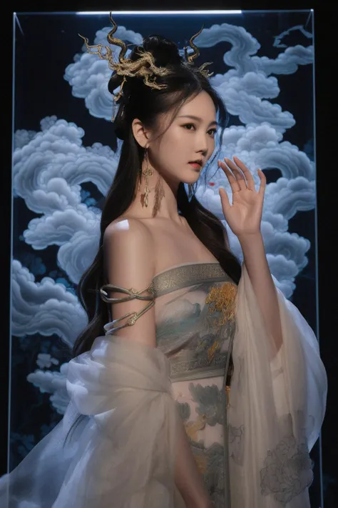 Vibrant Rim Light, This installation art piece masterfully merges the image of a woman with elements of traditional Chinese culture, drawing inspiration from contemporary artist Zhang Daqian. The female figure appears as if it were an ink painting projected onto transparent glass, creating a vibrant work of art. She wears flowing Hanfu adorned with intertwining dragon motifs and clouds. Soft lighting from above casts down upon her, adding drama and an air of mystery to her presence.
,Golden hour light, bright rim light, high contrast, bold edge light
