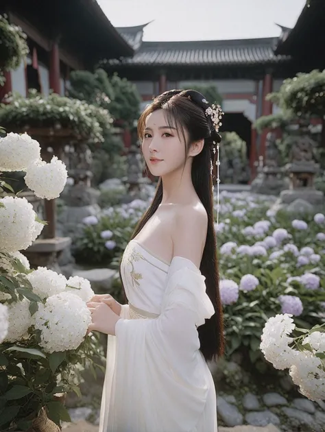 Volumetric Lighting, cinematic photo Hanfu photography,a beautiful asian woman in a white dress posing for the camera, Jin Ru, Full opening, Tang beizi, with flowers, ancient garden behind her, 18 yo, real shot, from waist up, oppai,fine art . 35mm photograph, film, bokeh, professional, 4k, highly detailed, light depth, dramatic atmospheric lighting, Volumetric Lighting