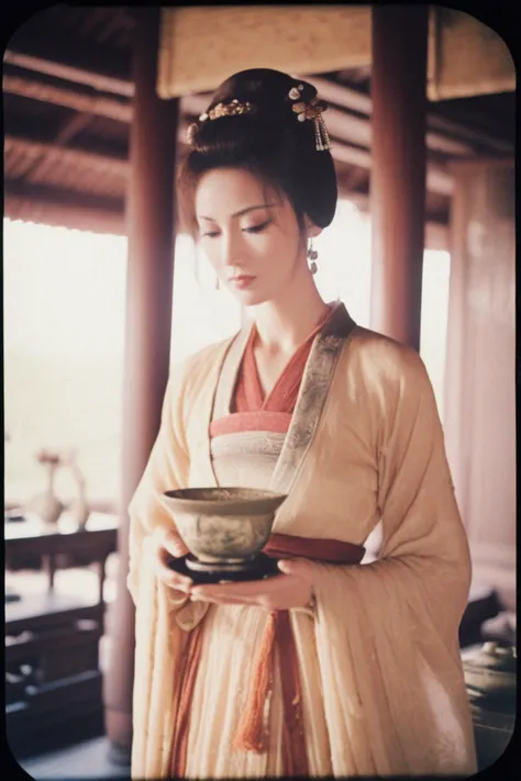 Vibrant Rim Light, analog film photo Chinese ancient art fused with modern fashion . faded film, desaturated, 35mm photo, grainy, vignette, vintage, Kodachrome, Lomography, stained, highly detailed, found footage, where in the setting of an ancient tea ceremony, a woman in a modern dress adds a touch of contemporary beauty, in the dim candlelight, the woman's modern look takes on a mysterious allure amidst the ancient setting,Volumetriclight, bright rim light, high contrast, bold edge light