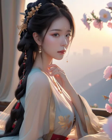 1girl, film, bokeh, professional, 4k, highly detailed,large breasts, 
real world,(hyperrealism:1.1),(scales of extreme detail:1.3),best quality, dingdall effect,1girl,fog,(sunlight exposure:1.3),(sunlight through the hair:1.3),long hair,(look looking at viewer:1.3),
(outdoors, Chinese, buildings, (mountain:0.8), cloud),
(sex:1.4),(nsfw:1.4),
(stochastic angle, stochastic pose,stochastic action),charming, alluring, seductive, erotic, enchanting, flowers, cleavag,exposed,camellia,
reflection,ray tracing,nebula,aura,flowy see-through costumes, flowy see-through headpieces, flowy see-through gowns,gold,
luxury, jewelry, ornate, necklace, bracelet, hairpin,embroidery,