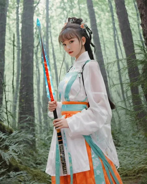 An extremely cute and adorable futuristic girl around 25 years old, wearing Tang style Hanfu, standing in a forest where nature and technology are perfectly combined. She has a medium bust size. She holds a cool and magical flaming sword, which gives off a brilliant glow. As the protagonist of the painting, she takes up a large area. Her posture is very innocent and cute, contrasting with the petite and delicate high-tech facilities and vegetation around her. The painting has bright tones, and the girl gives off a cheerful and energetic aura. The whole painting is filled with an atmosphere of innocence and fantasy.