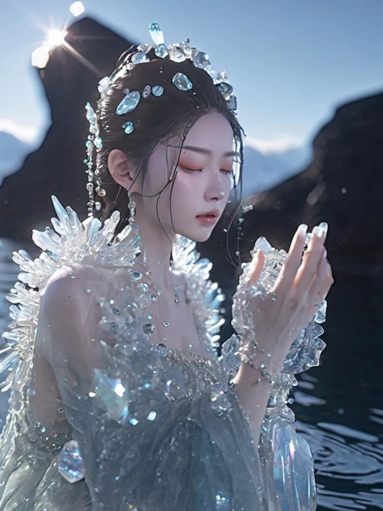 1girl,hanfu,full body,((water drops)),wet clothes,((beautiful detailed water)),((floating)),dynamic angle,(((crystals texture Hair))),((beautiful detailed glass hair)),((glass shaped texture hand)),((crystallize texture body)),gem body,hands as clear as jewels,crystallization of clothes,((crystals texture skin)),sparkle,lens flare,light leaks,broken glass,detailed glass shaped clothes,beautiful detailed gemstone sky,gemstone sea,crystals texture flowers,((detailed crystallized clothing)),beautiful detailed glow, (detailed ice), beautiful detailed water,