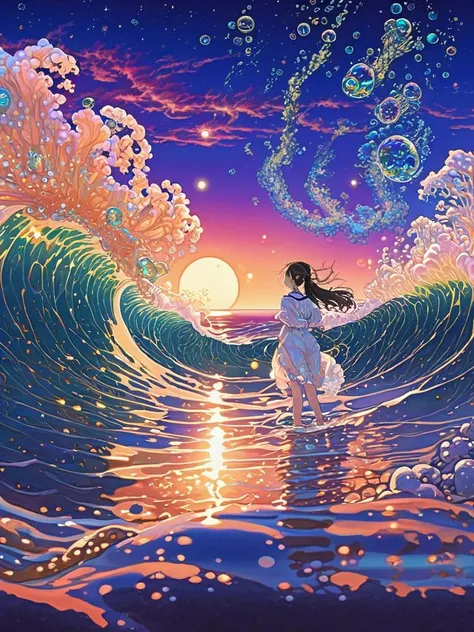1girl,hanfu,full body,walking, waves, wind,(((glistening light of waves))),(detailed sunset glow),(floating flow),((coral)),(Luminous),coast,(floating colorful bubbles),beautiful detailed sky,(fluorescence),detailed shadow,(conch),beautiful detailed water, starfish, meteor, rainbow,(seabirds),(glinting stars), (glowworm),(splash),detailed cloud, shell,(fireworks),
