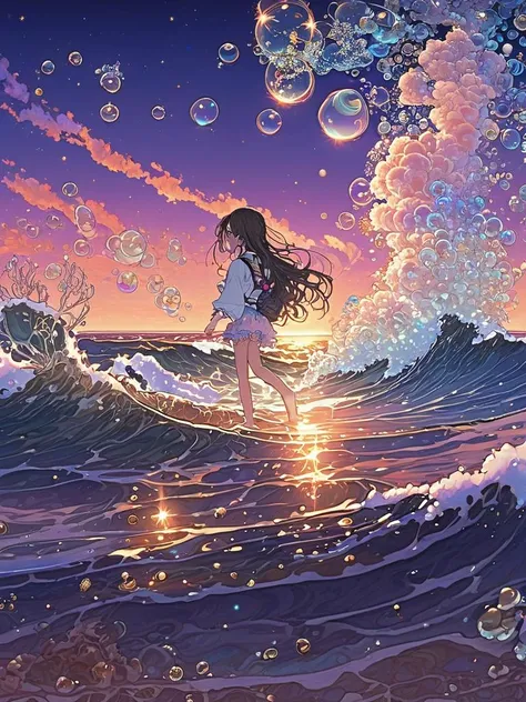 1girl,hanfu,full body,walking, waves, wind,(((glistening light of waves))),(detailed sunset glow),(floating flow),((coral)),(Luminous),coast,(floating colorful bubbles),beautiful detailed sky,(fluorescence),detailed shadow,(conch),beautiful detailed water, starfish, meteor, rainbow,(seabirds),(glinting stars), (glowworm),(splash),detailed cloud, shell,(fireworks),