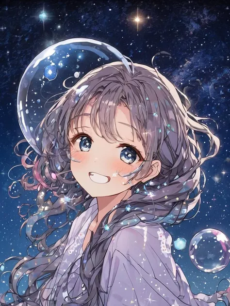 1girl,hanfu,full body,stars in the eyes, messy floating hair, colored inner hair, Starry sky adorns hair, depth of field,stars in the eyes, messy floating hair, colored inner hair, Starry sky adorns hair, (lots of big colorful Bubble), (pearl), (Galaxy), depth of field,((ink)),(water color),bloom effect,detailed beautiful grassland with petal,flower,butterfly,necklace,smile,petal,(((surrounded by heavy floating petal flow))),