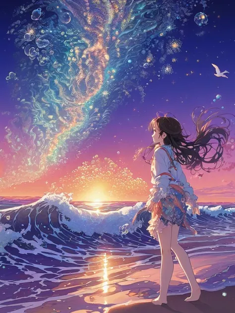 1girl,hanfu,full body,walking, waves, wind,(((glistening light of waves))),(detailed sunset glow),(floating flow),((coral)),(Luminous),coast,(floating colorful bubbles),beautiful detailed sky,(fluorescence),detailed shadow,(conch),beautiful detailed water, starfish, meteor, rainbow,(seabirds),(glinting stars), (glowworm),(splash),detailed cloud, shell,(fireworks),
