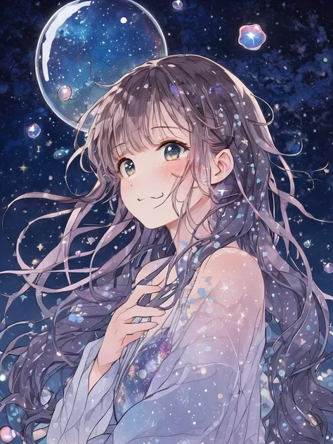 1girl,hanfu,full body,stars in the eyes, messy floating hair, colored inner hair, Starry sky adorns hair, depth of field,stars in the eyes, messy floating hair, colored inner hair, Starry sky adorns hair, (lots of big colorful Bubble), (pearl), (Galaxy), depth of field,((ink)),(water color),bloom effect,detailed beautiful grassland with petal,flower,butterfly,necklace,smile,petal,(((surrounded by heavy floating petal flow))),