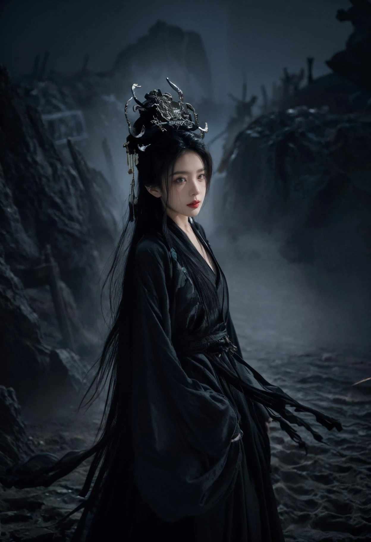 (black:1.3)looking at viewer,
Hell, pain, torment, lake of fire, devil, evil, devil, eternity, darkness, purgatory, sinking, soul, shackles, hellfire, torture, torment, degradation, endless, curse, abyss, punishment, hopelessness, evil thoughts
(1girl:1.3), adult, Guofeng, Hanfu, mist, looking at viewer,long hair blown by the wind, dusk, masterpiece,
analog film photo ethereal fantasy concept art of masterpiece, dynamic perspective, intricate details, wide angle, motion blur, She stood on a mountaintop.