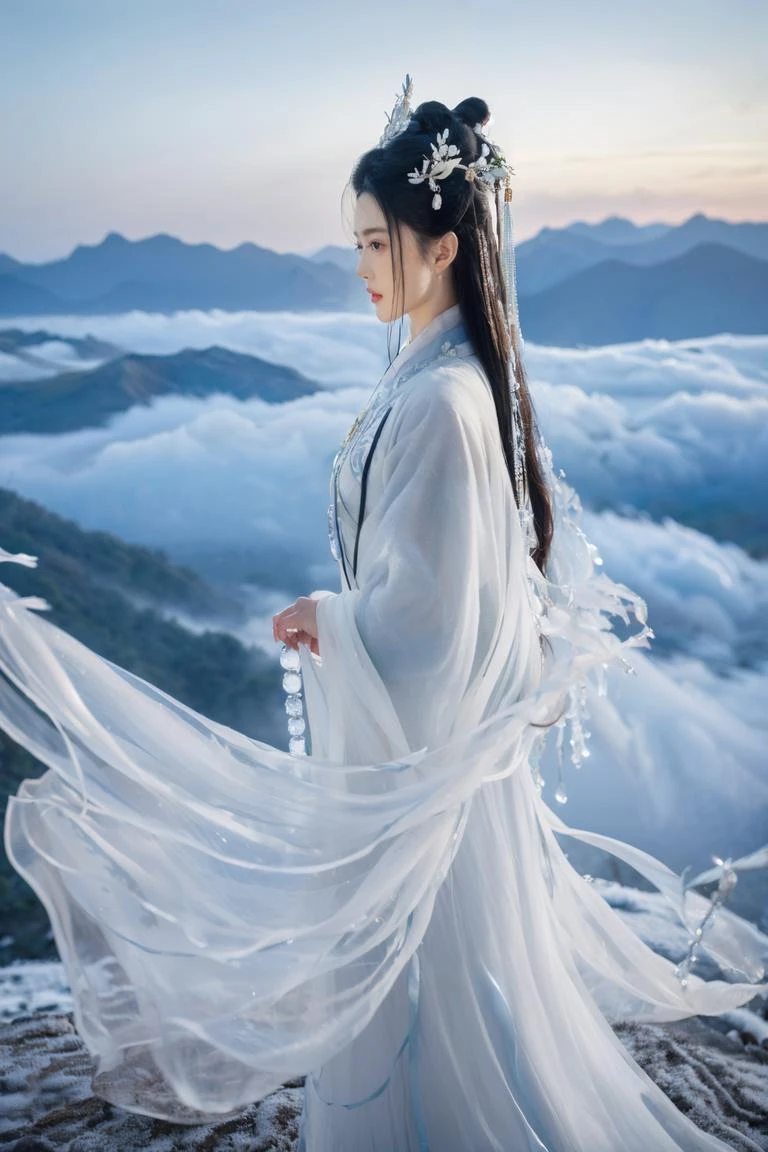 (1girl:1.3), adult, Guofeng, Hanfu, mist, looking at viewer,long hair blown by the wind, dusk, masterpiece,
analog film photo ethereal fantasy concept art of masterpiece, dynamic perspective, intricate details, wide angle, motion blur. white long hair. She stood on a mountaintop.