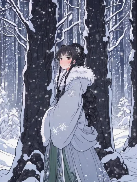 1girl,hanfu,full body,((detailed beautiful snow forest with trees)), ((snowflakes)), floating,
