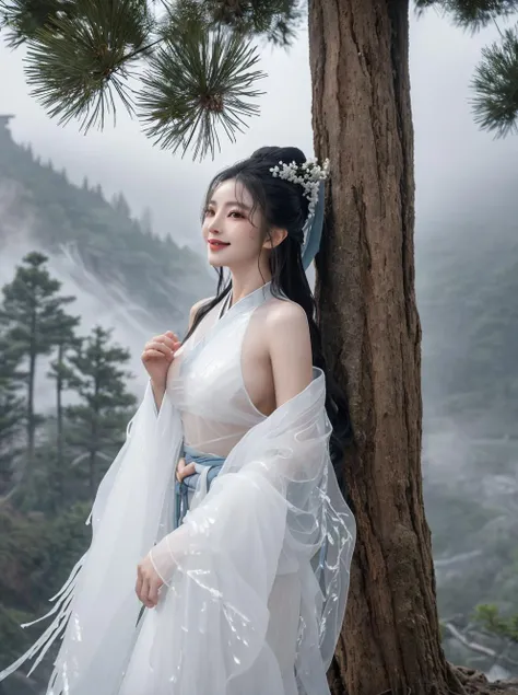 (((translucent,semitransparent,see-through))),(1girl,white hanfu,looking at viewer:1.3,smile:1.2)(huge breasts),mountain,mist,say,huge_pine_tree,cliff,waterfall,
[[Intricate gold embroidered patterns adorn her sleeves and hem,Wisps of fog swirl around her like silky veils]],
(High quality, Superb lighting, Highly detailed, Sharp focus, 8K UHD, masterpiece art),