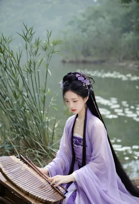 (purple:1.3)
She is playing the guzheng in the bamboo forest, which is a delicate image and a very quiet atmosphere
She is a guqin player, wearing traditional guqin robes predominantly in purple, symbolizing her elegance and artistic temperament.
She has a soft chin and gentle eyes, allowing makeup to highlight the chin and eyes, with purple as the primary color, symbolizing her elegance and artistic temperament.
Her style is elegant and full of artistic charm, so her artistic style can be exquisite, gentle, with a soft and light purple color palette.
(1girl:1.3), adult, Guofeng, Hanfu, mist, looking at viewer,long hair blown by the wind,  dusk, masterpiece,
analog film photo ethereal fantasy concept art of masterpiece, dynamic perspective, intricate details, wide angle, motion blur.  long hair.