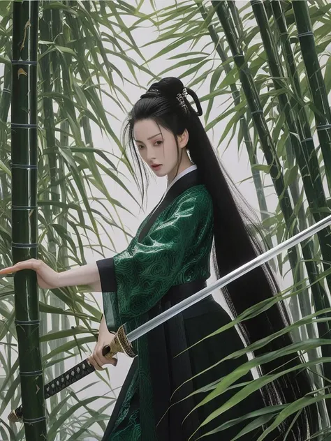 (((translucent,semitransparent,see-through))),hanfu,long_black_hair,holding sword,
The painting shows a maiden dancing with a sword amidst swaying green bamboos. Clad in an emerald changshan,her unbound hair swirls as she pirouettes gracefully. Sunlight glints off her ancient sword as she slices the air with poised movements. Her intense gaze conveys vigor. With both hands she wields the blade in a circling flourish. The verdant grove complements her own emerald attire. Her lithe figure arcs and spins between the stalks.,
(High quality, Superb lighting, Highly detailed, Sharp focus, 8K UHD, masterpiece art),