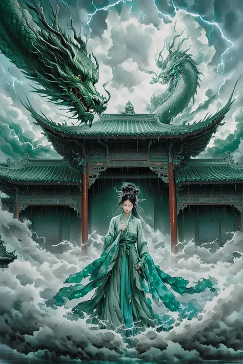 Symmetrical art,  symmetrical, waterdrop,lightning, cloud,( (green and cyan:1.3) (looking at viewer:1.4),  masterpiece, ultra high res,intricate details wide-angle, with an green and cyan theme, this painting depicts a girl wearing an green and cyan Hanfu, surrounded by water. Behind the girl is ancient Chinese architecture, and the sky is a cyan dragon on the sky. waterdrop,lightning, cloud,(High quality, ultra high lighting, highly detailed, clearly focused, 8K ultra high definition, artistic masterpiece), <lora:InkWashpainting:0.5>Chinese ink painting,liujiyou, <lora:liujiyou-SDXL:0.4>