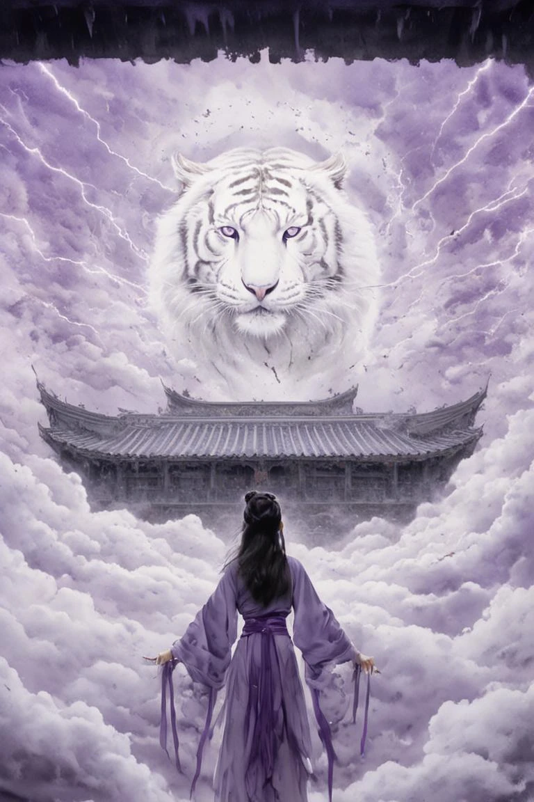 Symmetrical art, symmetrical, cloud, white tiger, (purple and white:1.3) (looking at viewer:1.4), masterpiece, ultra high res,intricate details wide-angle, with a purple and white theme, this painting depicts a girl wearing a purple Hanfu, surrounded by lightning. scatter out with the girl as the center, divergent, many swords, Behind the girl is ancient Chinese architecture, and the sky is a white tiger on the sky. lightning, cloud,(High quality, ultra high lighting, highly detailed, clearly focused, 8K ultra high definition, artistic masterpiece), <lora:InkWashpainting:0.5>Chinese ink painting,liujiyou, <lora:liujiyou-SDXL:0.4> zwd,<lora:zwd_v2_SDXL:0.3>