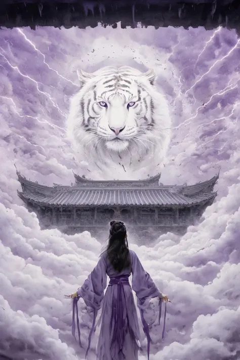 Symmetrical art,  symmetrical, cloud, white tiger, (purple and white:1.3) (looking at viewer:1.4),  masterpiece, ultra high res,intricate details wide-angle, with a purple and white theme, this painting depicts a girl wearing a purple Hanfu, surrounded by lightning. scatter out with the girl as the center, divergent, many swords, Behind the girl is ancient Chinese architecture, and the sky is a white tiger on the sky. lightning, cloud,(High quality, ultra high lighting, highly detailed, clearly focused, 8K ultra high definition, artistic masterpiece), <lora:InkWashpainting:0.5>Chinese ink painting,liujiyou, <lora:liujiyou-SDXL:0.4> zwd,<lora:zwd_v2_SDXL:0.3>