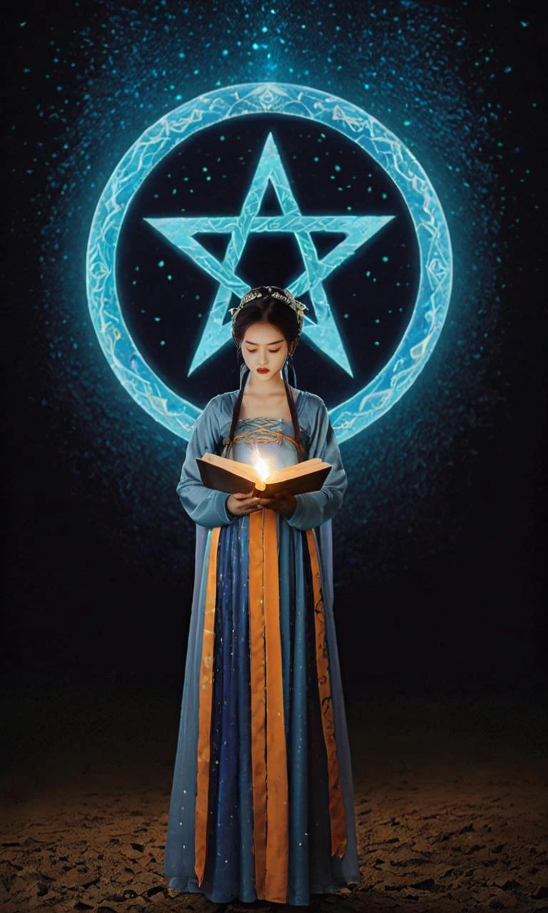1 girl,Tang style hanfu,colorful, full body, Wide Shot, wallpaper, energy, Unknown terror, arcane, Around the magic ,magic surrounds ,magic rod, book, pages flying all over the sky, Know it all, Predicting the Future, Know the past, Infinite wisdom, blue flame, Warlock, Magical Circle, Circle, Pentagram, incantation, mantra, Witcher, Singing magic, masterpiece, ultra realistic, best quality