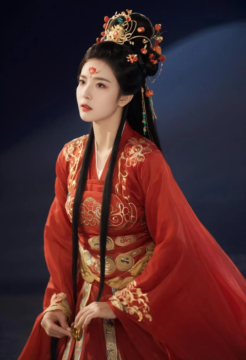 (red:1.3)
She performs Chinese opera on the stage, which could be a theater, an official hall, or a traditional opera stage, along with various traditional opera props.Performing Peking Opera on the stage,Red stage lighting
She is a female Dan role in traditional Chinese opera, wearing a costume predominantly in red, symbolizing her passion and artistry.
She has bright eyes and delicate lips, allowing makeup to emphasize both her eyes and lips with the primary color being red, symbolizing her passion and artistry.
Her style is passionate and artistic, so her artistic style can be realistic, intricate, with bright and vivid colors.
(1girl:1.3), adult, Guofeng, Hanfu, mist, looking at viewer,long hair blown by the wind, dusk, masterpiece,
analog film photo ethereal fantasy concept art of masterpiece, dynamic perspective, intricate details, wide angle, motion blur. long hair.