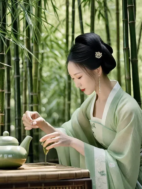 (((translucent,semitransparent,see-through))),hanfu,long_black_hair,
The painting depicts a graceful Chinese maiden brewing tea in a bamboo forest glade. She wears a jade green cheongsam adorned with floral embroidery,the sleek fabric complementing her youthful elegance. With nimble fingers,she prepares the tea in fluid motions. Her complexion is smooth like porcelain,and dark hair cascades past her shoulders. Concentrating on her task,she caresses the clay teapot with the poise of ritual. Bamboos sway gently around the beauty,dappled sunlight bathing her slender figure. The murmuring stream accents the tranquility. On the wooden table lie teacups and scrolls. She moves deliberately through the steps,showcasing both her expertise and untainted beauty amidst nature. The green hues echoing her dress evoke serenity. Every delicate gesture reflects the blossoming charm of this youthful tea master.,
(High quality, Superb lighting, Highly detailed, Sharp focus, 8K UHD, masterpiece art),