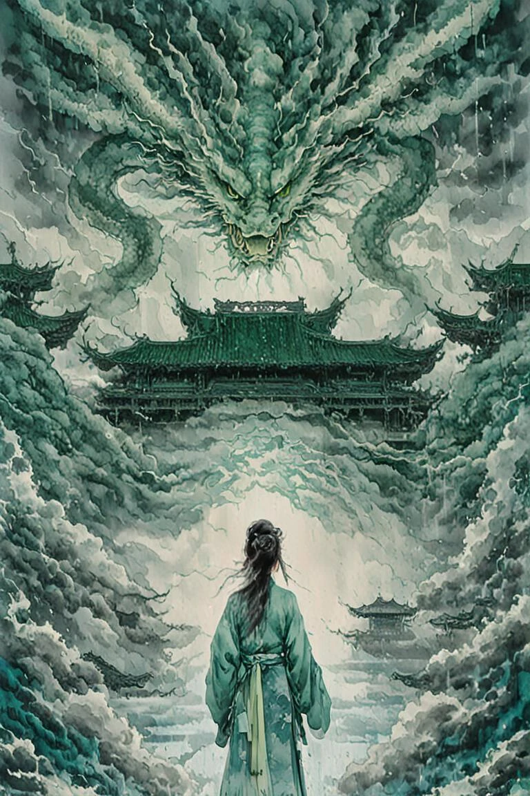 Symmetrical art, symmetrical, waterdrop,lightning, cloud,( (green and cyan:1.3) (looking at viewer:1.4), masterpiece, ultra high res,intricate details wide-angle, with an green and cyan theme, this painting depicts a girl wearing an green and cyan Hanfu, surrounded by water. Behind the girl is ancient Chinese architecture, and the sky is a cyan dragon on the sky. waterdrop,lightning, cloud,(High quality, ultra high lighting, highly detailed, clearly focused, 8K ultra high definition, artistic masterpiece), <lora:InkWashpainting:0.5>Chinese ink painting,liujiyou, <lora:liujiyou-SDXL:0.4>kuangcao <lora:kuangcao:0.2>