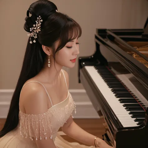 Real film photos a color 35mm glamour close-up portrait of an elegant,A asia girl, wearing a casual dress, sits at her piano, lost in the melody of her favorite classical piece. The soft light from a nearby lamp illuminates the room, casting a warm glow on her face as she plays. The soothing notes of the piano fill the air, creating an atmosphere of serenity and introspection, inviting the viewer to share in her private moment of musical bliss.