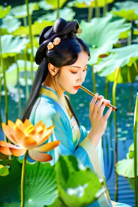 A young woman in a blue-orange gradient Hanfu plays a melodious tune by the lotus pond. Her eyes are serene, like a pool of green water. The surrounding lotus leaves, flowers, and dragonflies create a refreshing and tranquil scene.