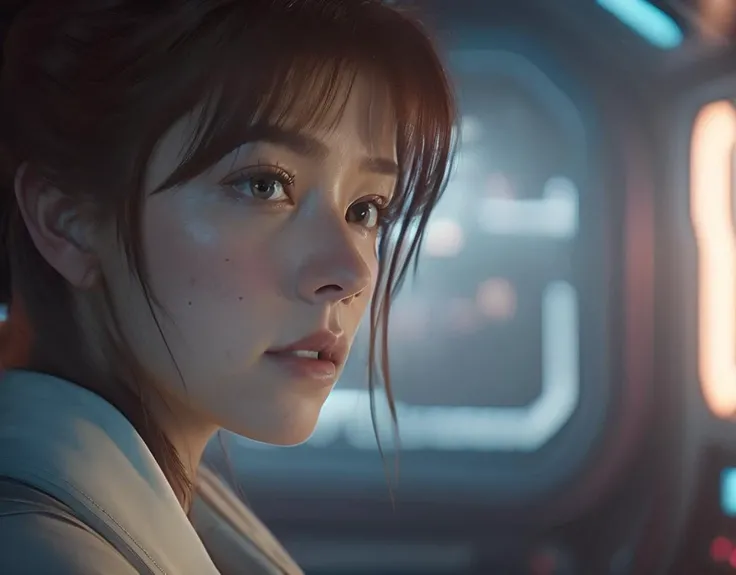 (Raw, Analog), (gritty sci-fi style), ((Close-up of a (((female)))+++ working within a huge spaceship)), depth, cables, pipes, ((film grain, hyper detailed skin, 8k, shot on Leica M6,)) cinematic, body horror, maximum detail, soft lighting,