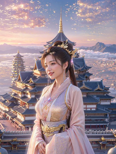 1girl,smile,open_eyes,hanfu,(huge breasts:1.2),detailed face,(translucent,semitransparent,see-through),
The palace is magnificent in the background,sea of clouds in pastel hues.shining with golden light The scene is ethereal,
(architecture,building,city,tower,east_asian_architecture,castle,cloud,skyscraper,scenery,cityscape),
(High quality, Superb lighting, Highly detailed, Sharp focus, 8K UHD, masterpiece art),