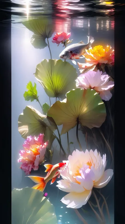 Colorful flowers float on the shimmering water surface, and sunlight shines on the water,There are three carp swimming in the water