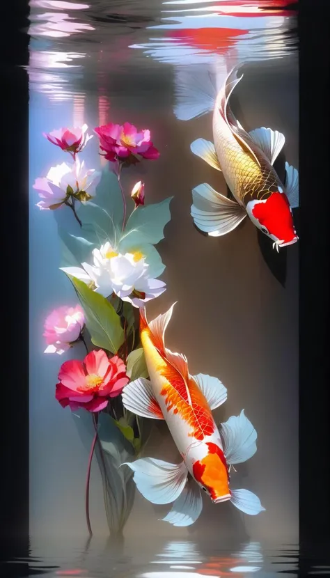 Colorful flowers float on the shimmering water surface, and sunlight shines on the water,There are three carp swimming in the water <lora:SHMILYå¤å
¸ç«å½©:1>