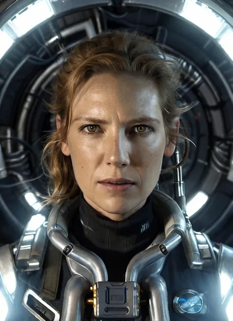 close up photo of sks woman, rugged space trucker, inside industrial spaceship, futuristic science fiction, action scene, digital concept art, realistic, intricate detailed textures, filmic, cinematic, environmental character portrait, <lora:locon_anna_v1_from_v1_64_32:1.25>