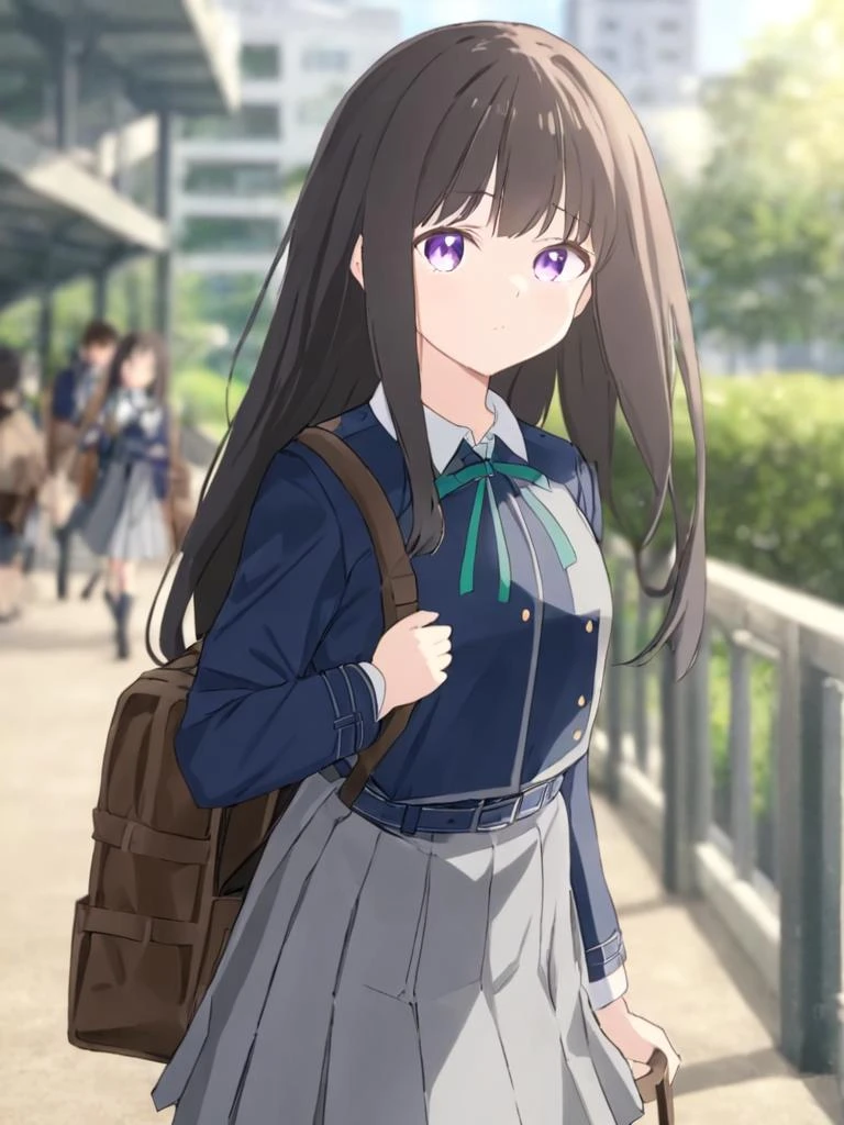 <lora:äºä¹ä¸æ³·å¥:1>,1girl, lycoris_uniform, solo, inoue_takina, long_hair, bag, two-tone_dress, pleated_dress, purple_eyes, dress, blue_dress, grey_dress, outdoors, bangs, black_hair, looking_at_viewer, collared_shirt, shirt, neck_ribbon, closed_mouth, belt, ribbon, long_sleeves, school_uniform, white_shirt, backpack, building, holding_strap, day, green_ribbon, blurry_background, blurry, blue_belt, brown_bag, railing