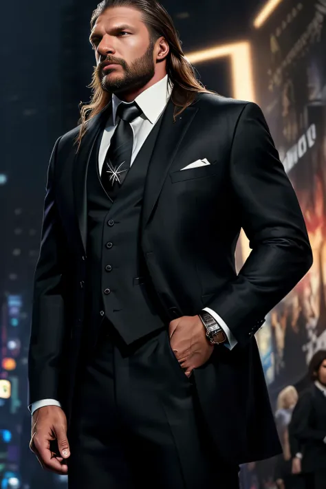 photo of (HHHCL01:0.99), a man as a movie star, modelshoot style, ((long hair:1.2)), (wet hair:1.1), (full beard:1.2), (extremely detailed CG unity 8k wallpaper), photo of the most beautiful artwork in the world, professional majestic oil painting by Ed Blinkey, Atey Ghailan, Studio Ghibli, by Jeremy Mann, Greg Manchess, Antonio Moro, trending on ArtStation, trending on CGSociety, Intricate, High Detail, Sharp focus, dramatic, photorealistic painting art by midjourney and greg rutkowski, (expensive designer suit and tie:1.4), ((oscar event)), (designer dress shirt), ((standing on the red carpet)), ((paparazzi in the background)), (looking at viewer), (detailed pupils:1.3), (modern outfit:1.2), (closeup), dim lights, <lora:epiNoiseoffset_v2:1.3>