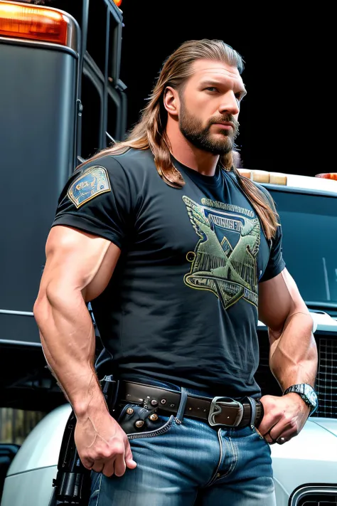photo of (HHHCL01:0.99), a man as a sheriff, modelshoot style, ((full beard:1.2)), (long hair:1.3), (extremely detailed CG unity 8k wallpaper), photo of the most beautiful artwork in the world, professional majestic oil painting by Ed Blinkey, Atey Ghailan, Studio Ghibli, by Jeremy Mann, Greg Manchess, Antonio Moro, trending on ArtStation, trending on CGSociety, Intricate, High Detail, Sharp focus, dramatic, photorealistic painting art by midjourney and greg rutkowski, (sheriff uniform:1.4), ((american small town )), (tight trousers), ((standing in front of a sheriff truck)), ((side of the road)), ((busy street)), (perfect sky), (blue sky), (looking at viewer), (detailed pupils:1.3), (modern outfit:1.2), (closeup), dim lights, <lora:epiNoiseoffset_v2:1.2>