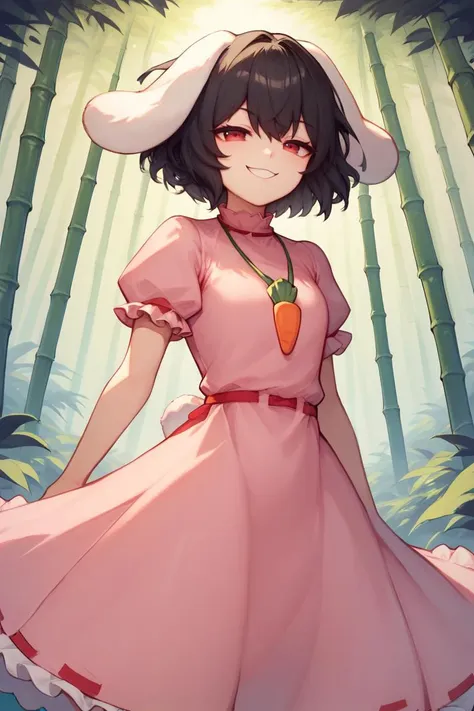 score_9, score_8_up, score_8, score_9, 1 girl, inaba tewi, pink dress, short hair, black hair, red eyes, rabbit ears, floppy ears, puffy sleeves, ribbon-trimmed sleeves, ribbon-trimmed dress, carrot necklace, <lora:inaba_tewi_pony-10:1>, red eyes,  bamboo forest,  cowboy shot, smug