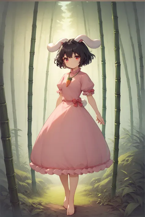 score_9, score_8_up, score_8, score_9, 1 girl, inaba tewi, black hair, pink dress, short hair, black hair, rabbit ears, floppy ears, carrot necklace, puffy sleeves, ribbon-trimmed sleeves, ribbon-trimmed dress,  <lora:inaba_tewi_pony-10:1>, red eyes,  bamboo forest,  ::3,  barefoot,