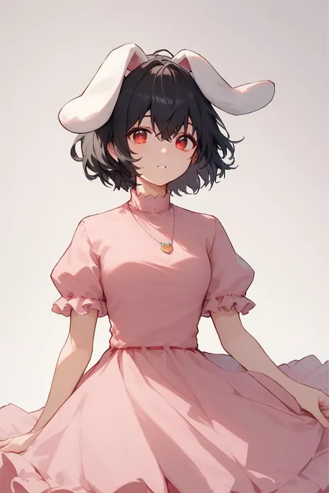 score_9, score_8_up, score_8, score_9, 1 girl, inaba tewi, black hair, pink dress, short hair, black hair, rabbit ears, floppy ears, <lora:inaba_tewi_pony-10:1>, red eyes