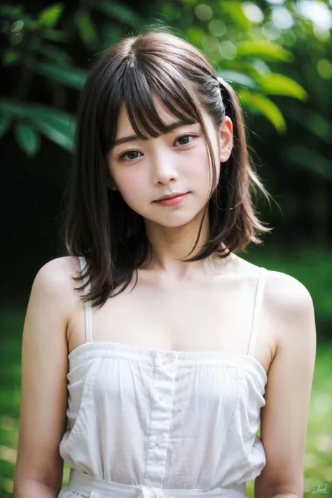 highest quality, High resolution, Realistic photo, Detailed skin texture, ((Cute 8 year old Japanese girl wearing a short white camisole)), View your viewers, Slim figure, Attractive gaze, Fair skin, (Flat Chest:1.2), Straight long hair, (loli:1.2), In the park with cherry blossoms falling