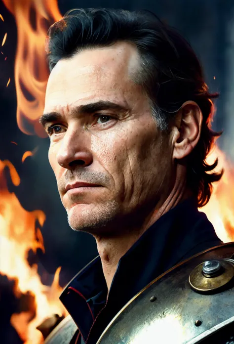long shot of billyc1 with a flaming sword, ((wearing full body battle armour):1.1), ((battle field background):1.2),( (holding flaming sword):1.2), Photorealistic, Hyperrealistic, Hyperdetailed, analog style,demure, detailed skin, matte skin, soft lighting, subsurface scattering, realistic, heavy shadow, masterpiece, best quality, ultra realistic, 8k, golden ratio, Intricate, High Detail, film photography, soft focus