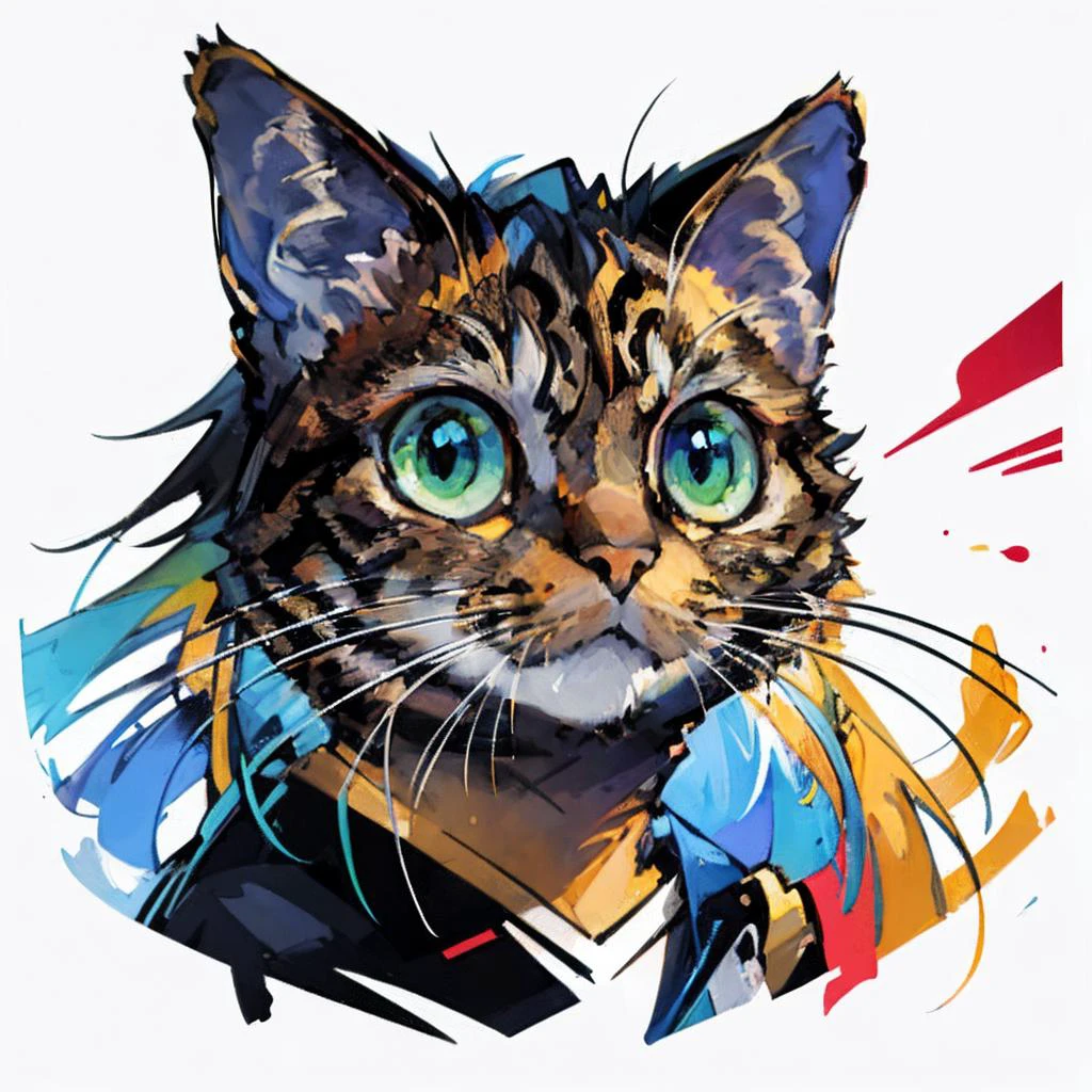 ,(Masterpiece:1.2, high quality,ultra-fine painting,Vivid Colors),(white background:1.2),TshirtDesignAF, T shirt design,
cat, solo,green eyes,yellow animal hair(Brown stripes),vibrant,cure lovely,
<lora:Chinese Li Hua:0.8> ,<lora:TShirtDesignRedmond1-5V-LiberteRedmond-TShirtDesignAF:1>,<lora:animeoutlineV4_16:0.5>