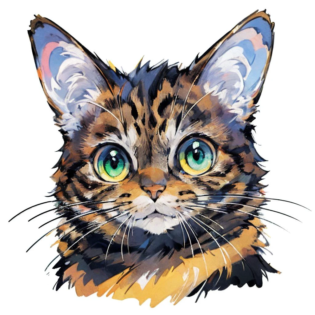 ,(Masterpiece:1.2, high quality,ultra-fine painting,Vivid Colors),(white background:1.2),TshirtDesignAF, T shirt design,<lora:animeoutlineV4_16:1>,
cat, solo,green eyes,yellow animal hair(Brown stripes),vibrant,cure lovely,
<lora:Chinese Li Hua:0.8> ,<lora:TShirtDesignRedmond1-5V-LiberteRedmond-TShirtDesignAF:0.5>, <lora:cat_20230627113759:0.3>
