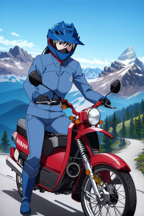 1girl, solo, reiko, black hair, long hair, hair between eyes, low ponytail, black eyes, medium breasts, uniform, blue collared shirt, sleeves rolled up, gloves, blue pants, boots, (motorcycle helmet, visor:1.25), (red motorcycle:1.25), looking at viewer, smile, (outdoors, mountain path:1.45), (masterpiece:1.4), (best quality:1.4), (absurdres:1.0), (intrincate), (full sharp), (extremely detailed:1.5), (exquisite details), (high definition), (anime coloring), <lora:Reiko (Super Cub)_001:0.7>