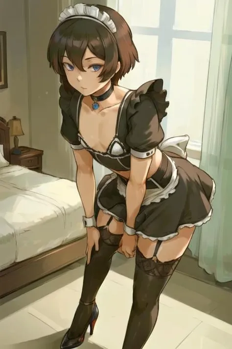 masterpiece, best quality, detailed face, detailed eyes, full body, <lora:HUAaron:0.6>, HUAaron, (1boy, flat chest,) choker, maid, maid headdress, brown hair, short hair, miniskirt, garter belt, high heels, standing,indoors, bedroom, <lora:style - cutesexyrobutts - 0.85:0.6>