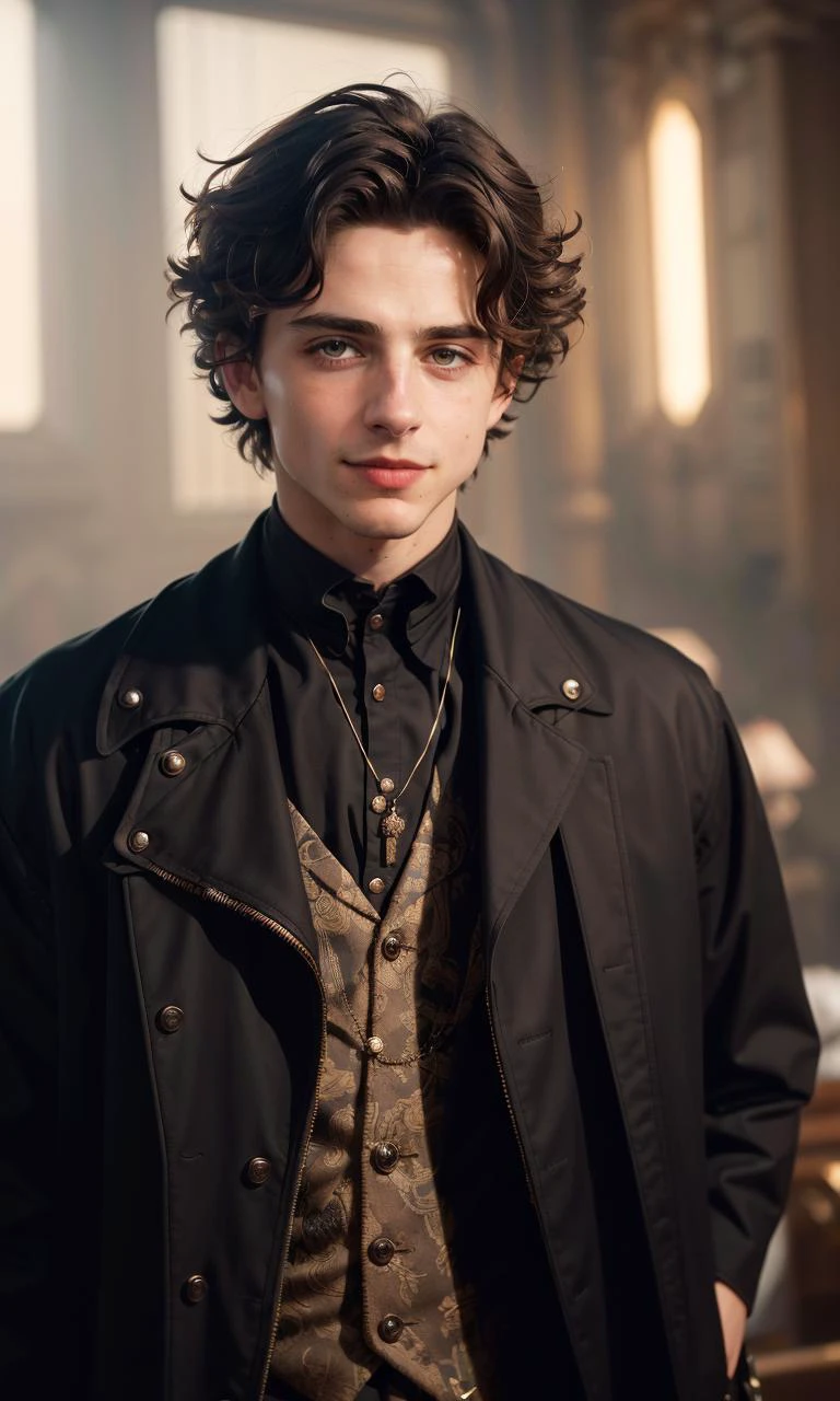 timochal2023, 1boy, the matrix, 17th century clothes, white ascot, pendant, steampunk, Lies of P, mechanical arm, uhd, best quality, masterpiece, trending on arstation, rtx on, reflections, dramatic lighting, cinematic lighting, depth of field, smile, gothic