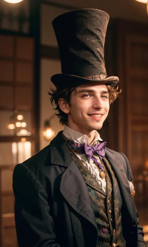 timochal2023, 1boy, ascot, pendant, steampunk, willy wonka, top hat, purple jacket, big smile, uhd, best quality, masterpiece, trending on arstation, rtx on, reflections, dramatic lighting, cinematic lighting, depth of field, gothic, chocolate factory, vibrant colors