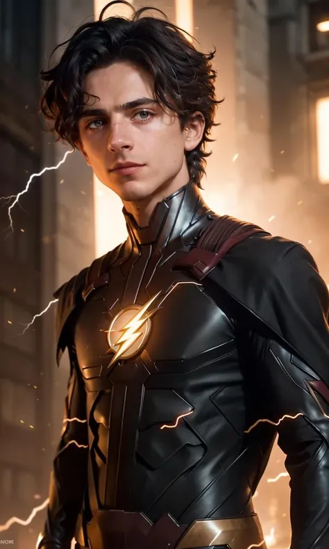 timochal2023, 1boy, as the flash, superhero, metropolis, lightning, uhd, best quality, masterpiece, trending on arstation, rtx on, reflections, dramatic lighting, cinematic lighting, depth of field