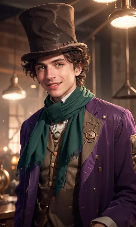 timochal2023, 1boy, ascot, pendant, steampunk, willy wonka, brown top hat, purple jacket, big smile, uhd, best quality, masterpiece, trending on arstation, rtx on, reflections, dramatic lighting, cinematic lighting, depth of field, gothic, chocolate factory, vibrant colors green scarf