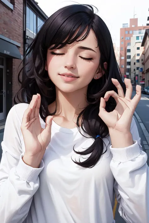 Highly detailed, High Quality, Masterpiece, beautiful, 1girl, solo, PachaMeme, <lora:PachaMeme:1.0>, black hair, long hair, shirt, white shirt, closed eyes,
