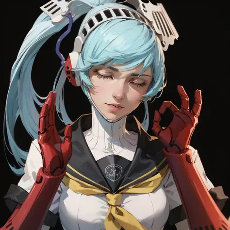 absurdres, (best quality), (masterpiece),(ultra-detailed:1.2),(highres),elaborate, 1girl, solo, realistic, photorealistic,
<lora:persona4_labrys-10:1>, labrys, android, robot joints, joints, ponytail, headphones, red eyes, school uniform, serafuku,
<lora:PachaMeme:1> , pachameme, closed eyes
<lora:GoodHands-vanilla:0.5>,
simple background, black background,